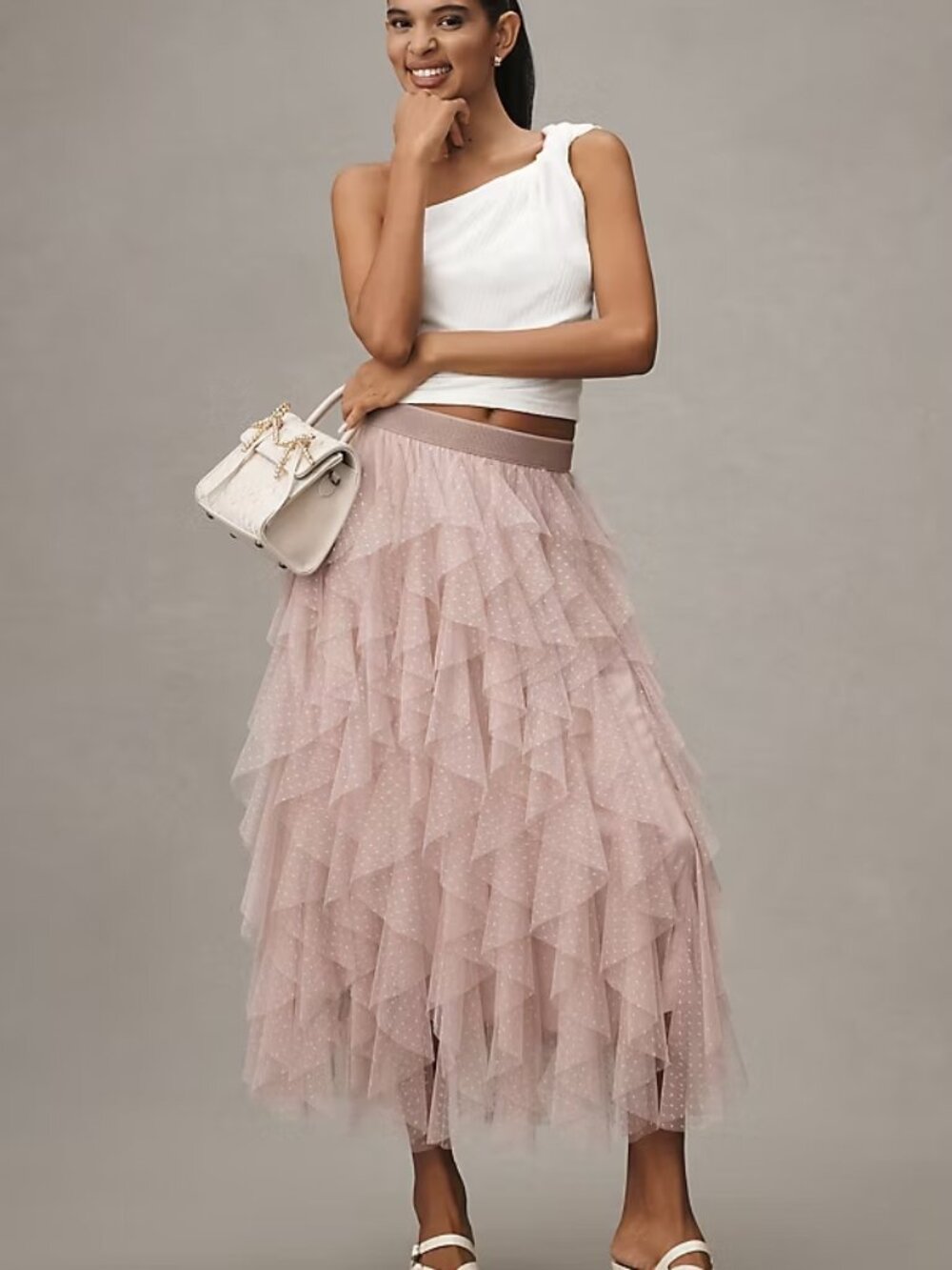 Chéri Ruffled Tulle Midi Skirt by Anthropologie size M ballet pink color